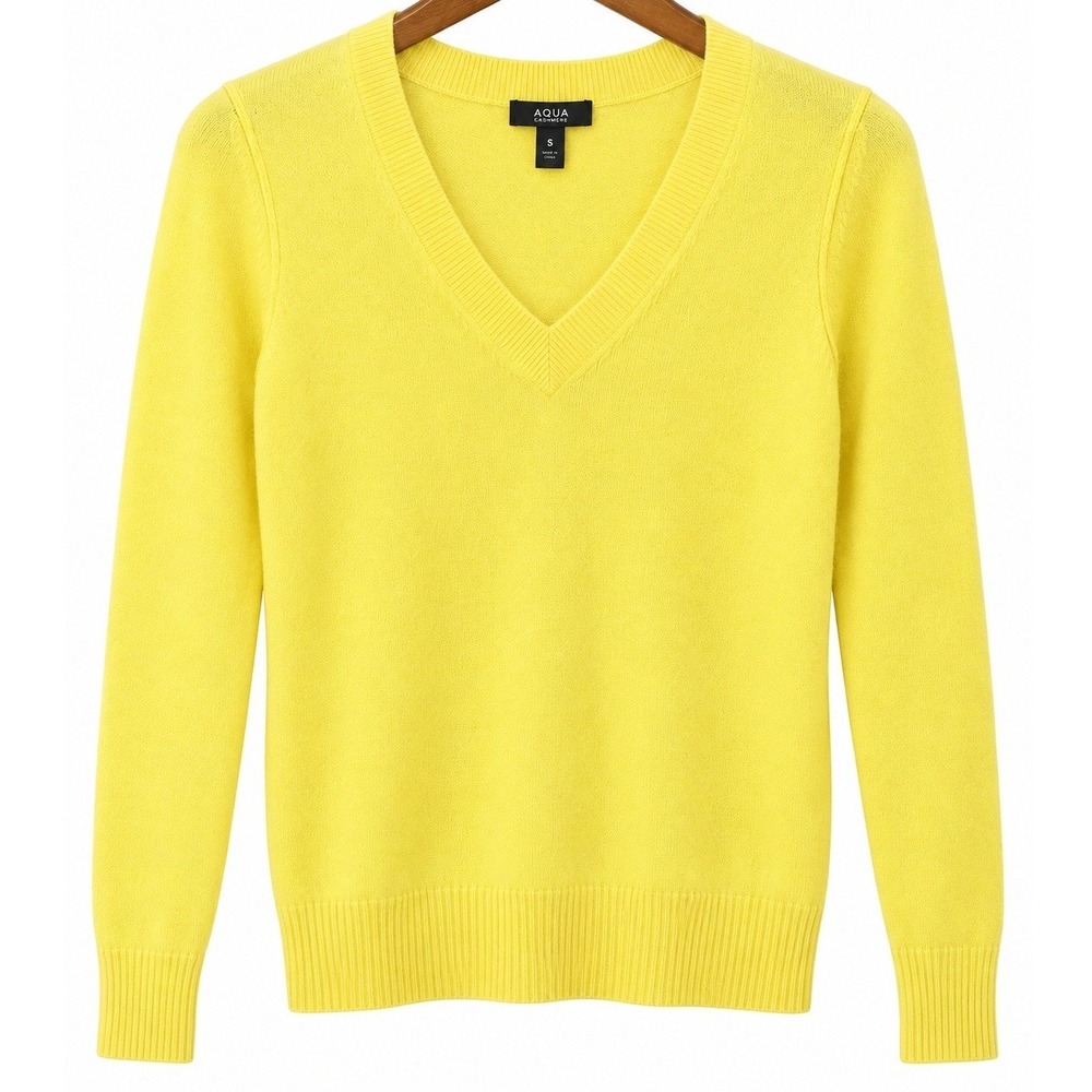 AQUA Cashmere Womens XS / S 100% Cashmere V Neck Sweater Lemon Yellow NWT
